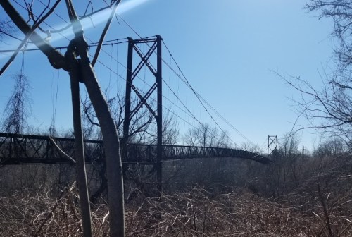 A suspension bridge spans a river, surrounded by bare trees and a clear blue sky.