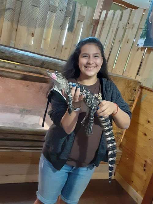 A smiling girl holds a small alligator in a zoo or wildlife setting, with wooden fencing in the background.