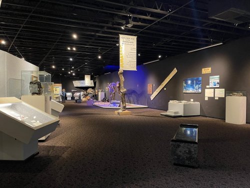 A spacious museum exhibit featuring displays, informational signs, and various artifacts in a dimly lit room.