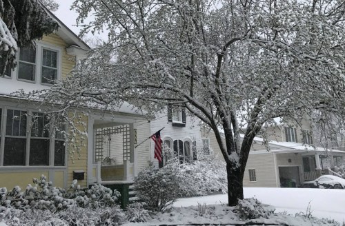 A snowy scene featuring a house with an American flag and a tree covered in snow, creating a winter wonderland atmosphere.