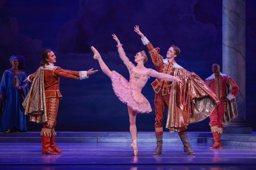A ballet performance featuring a dancer in a pink tutu, flanked by two elegantly dressed male dancers on stage.
