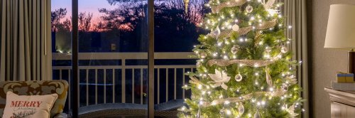 A beautifully decorated Christmas tree with lights and ornaments, set against a sunset view through a large window.