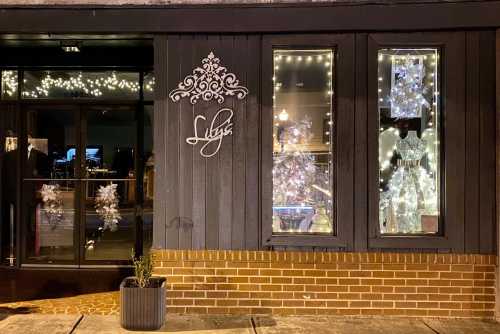 A storefront at night, decorated with white lights and festive displays in the windows. The sign reads "Lily's."