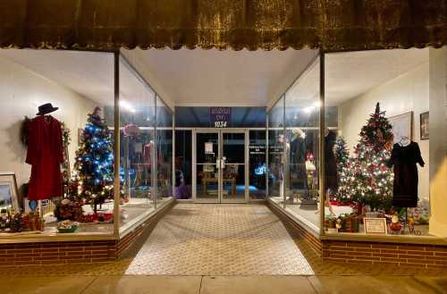 A festive storefront decorated with Christmas trees, lights, and holiday displays on either side of the entrance.