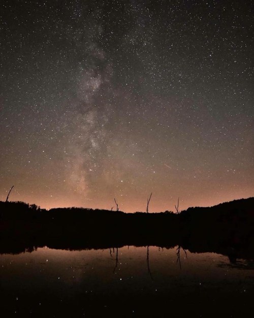 A serene night sky filled with stars and the Milky Way, reflecting on a calm lake surrounded by silhouettes of trees.