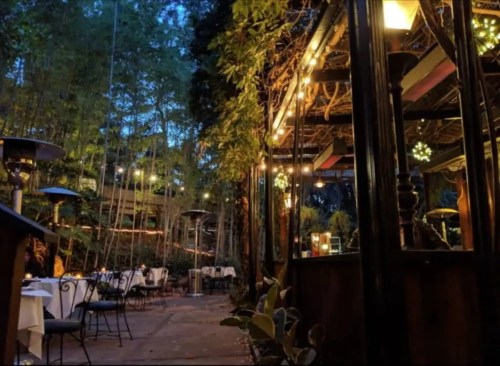 A cozy outdoor restaurant with string lights, surrounded by bamboo and greenery, set for dining at dusk.