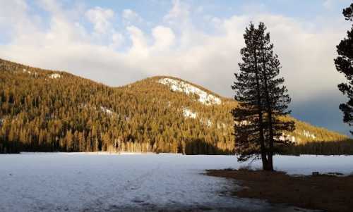 A snowy landscape with a lake, surrounded by mountains and evergreen trees under a partly cloudy sky.