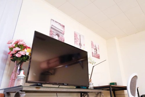 A living room scene featuring a TV on a table, decorative flowers, and wall art in soft colors.