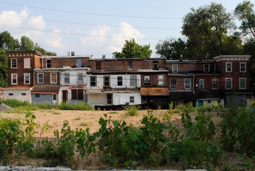 Abandoned brick buildings with peeling paint, overgrown vegetation, and a clear blue sky in the background.