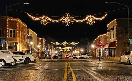 A festive street at night, adorned with snowflake lights and holiday decorations, lined with parked cars.