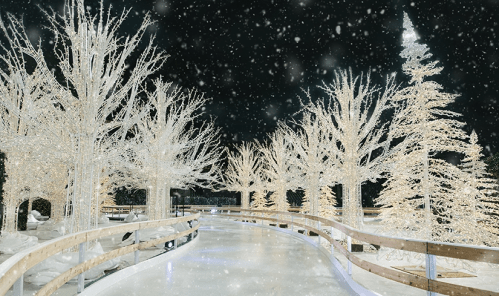 A snowy scene featuring a lit pathway surrounded by glowing white trees, creating a winter wonderland atmosphere.