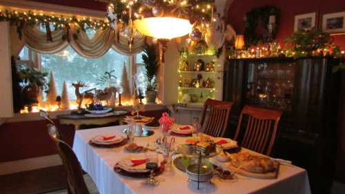 A festive dining room set for a holiday meal, adorned with lights, decorations, and a beautifully arranged table.