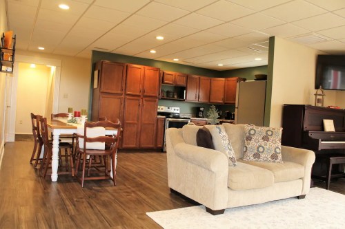 Cozy open-concept living space featuring a kitchen, dining area, and comfortable sofa with decorative pillows.