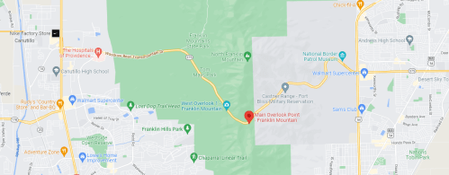 Map showing Franklin Mountain State Park with marked locations and nearby roads in the El Paso area.