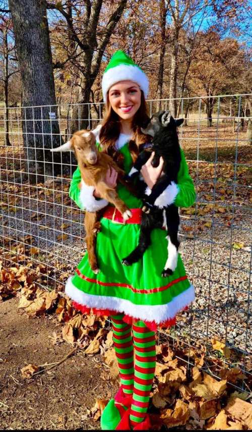 A person in an elf costume holds two baby goats, surrounded by autumn leaves and a fence in a park setting.
