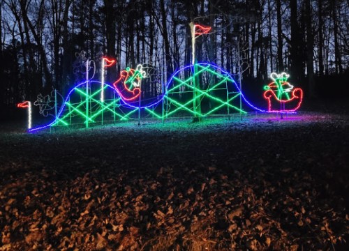 Colorful holiday lights shaped like hills and a sleigh, set against a dark forest background.
