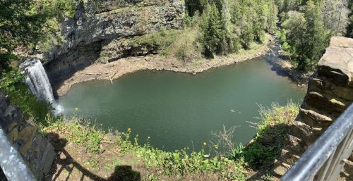 A scenic view of a waterfall cascading into a serene, heart-shaped pool surrounded by lush greenery.