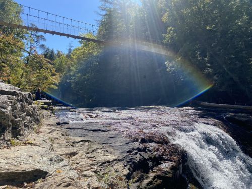 A serene river scene with a waterfall, surrounded by trees and a bridge in the background, illuminated by sunlight.