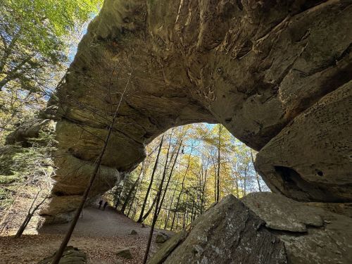 A large stone archway surrounded by trees, with a path leading through the natural formation.