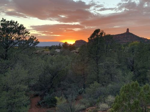 Sunset over a rugged landscape with trees and distant rock formations, casting warm hues in the sky.