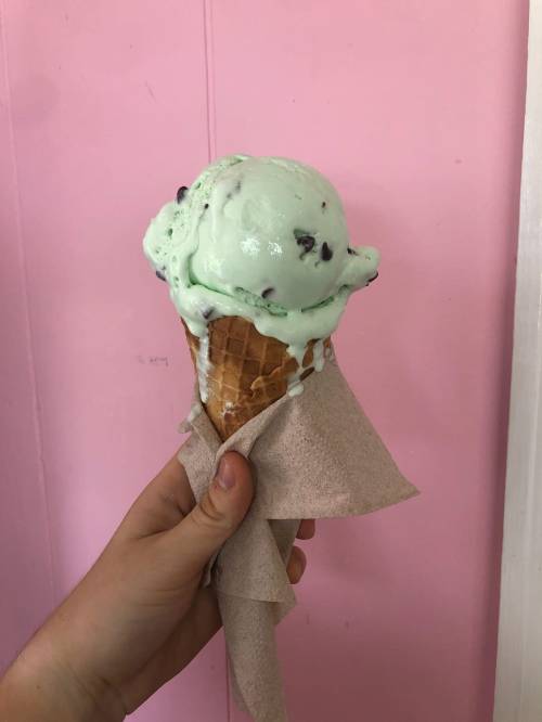 A hand holding a mint chocolate chip ice cream cone against a pink background.