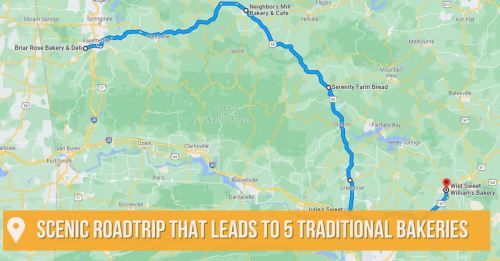 Map showing a scenic road trip route to five traditional bakeries, highlighted with a blue line and location markers.