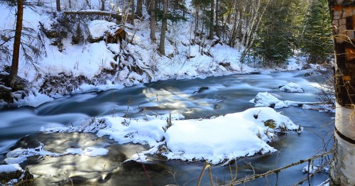 A serene winter scene featuring a flowing river surrounded by snow-covered banks and evergreen trees.
