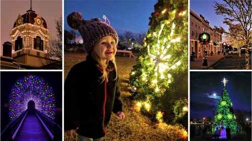 A collage of festive scenes: a lit tree, a smiling child, colorful lights, and a decorated town square at night.