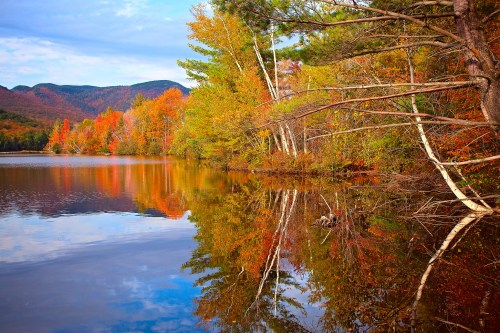 A serene lake surrounded by vibrant autumn foliage, reflecting colorful trees and mountains under a clear sky.