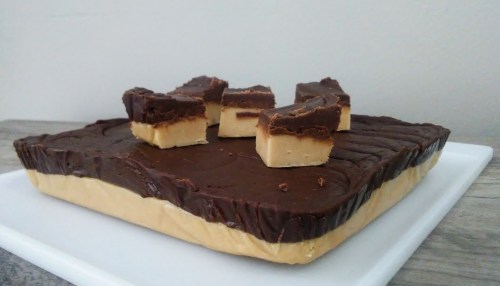 A square dessert with a layer of chocolate on top of a creamy peanut butter base, with a few pieces cut and placed on top.