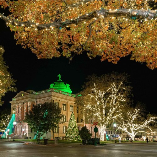 A beautifully lit building surrounded by festive trees and decorations, showcasing vibrant autumn colors and holiday lights.