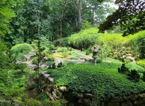 Lush green garden with stone pathways, plants, and a decorative stone lantern surrounded by trees.