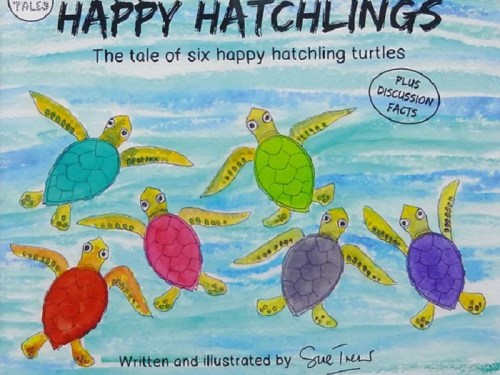 Colorful illustration of six happy hatchling turtles on a blue background, with the title "Happy Hatchlings" above.