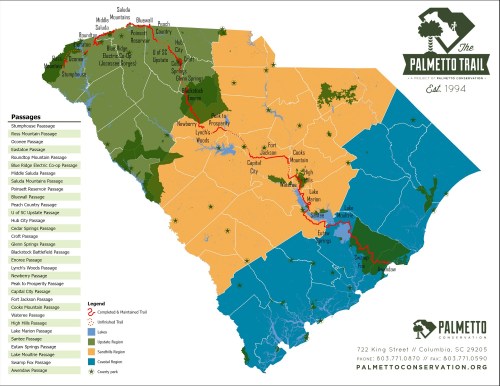 Map of South Carolina highlighting the Palmetto Trail passages, with color-coded regions and trail routes.