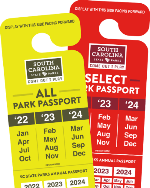 Two colorful park passport tags for South Carolina State Parks, labeled "All Park Passport" and "Select Park Passport."