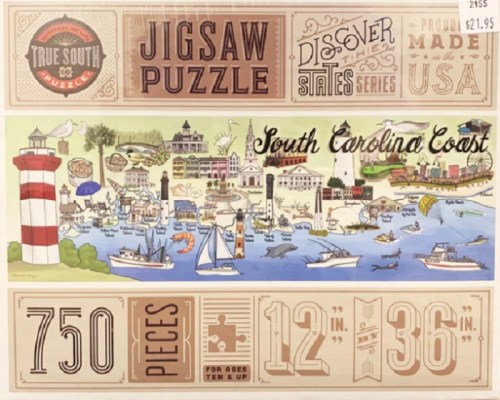Illustration of a jigsaw puzzle featuring the South Carolina coast, with boats, a lighthouse, and coastal landmarks.