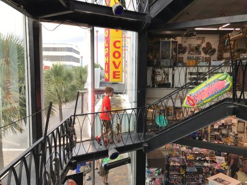 A boy in a red shirt walks on a spiral staircase inside a colorful gift shop with various items on display.