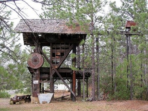 Abandoned wooden structure with a metal wheel, surrounded by trees and overgrown vegetation.