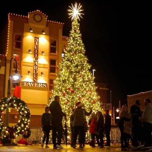 A festive Christmas tree adorned with lights stands in a plaza, surrounded by people enjoying the holiday atmosphere.