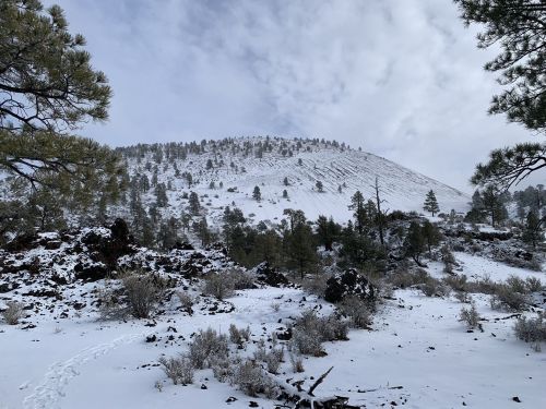 Snow-covered landscape with a hill in the background, surrounded by trees and rocky terrain under a cloudy sky.
