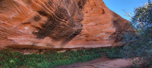 A rocky cliff with layered red sandstone and green vegetation at its base under a clear blue sky.