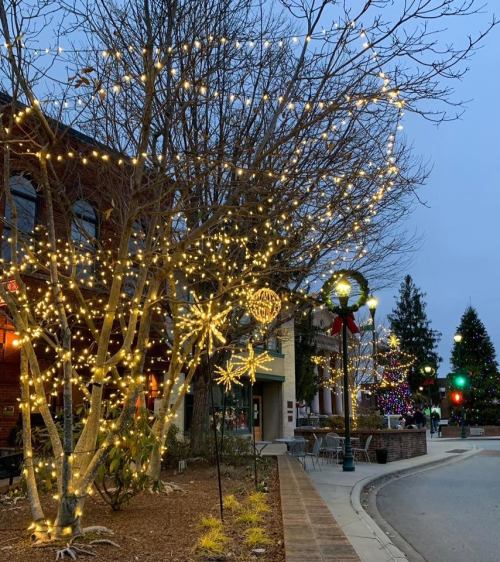 A tree adorned with twinkling lights, festive decorations, and a decorated street scene during twilight.
