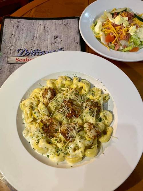 A plate of creamy pasta topped with cheese and herbs, alongside a fresh salad with various vegetables.