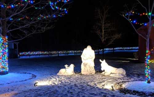 A snowy scene at night featuring a illuminated statue of a figure with two animals, surrounded by colorful holiday lights.