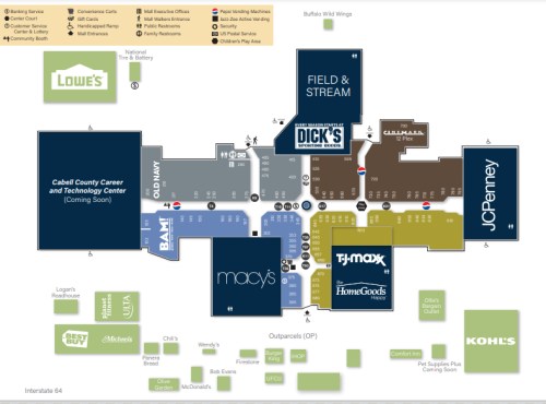 Map of a shopping center showing store locations, including Macy's, JCPenney, and a future career center.