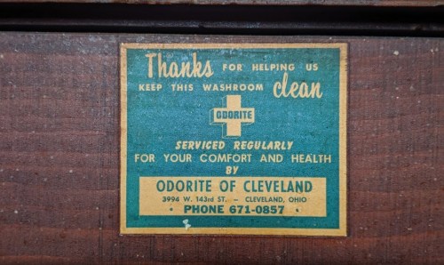 Sign thanking users for keeping the washroom clean, promoting regular service by Odorite of Cleveland.