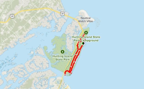 Map of Hunting Island State Park, highlighting trails and campground locations along the coastline.