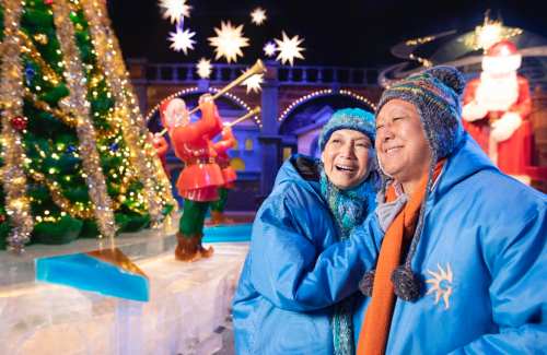 Two smiling women in winter coats stand together, surrounded by festive decorations, a Christmas tree, and colorful lights.
