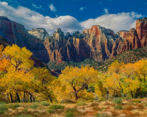 Vibrant autumn trees in the foreground with majestic, colorful cliffs and a blue sky in the background.