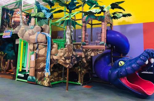 Colorful indoor play structure featuring a jungle theme, with slides and a large purple snake design.